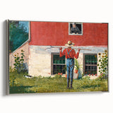 Realism Art Prints - Garden Scene with Farmer and Red House on Canvas