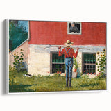 Realism Art Prints - Garden Scene with Farmer and Red House on Canvas