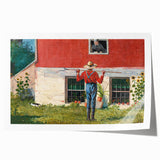 Realism Art Prints - Garden Scene with Farmer and Red House on Canvas