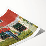 Realism Art Prints - Garden Scene with Farmer and Red House on Canvas
