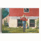 Realism Art Prints - Garden Scene with Farmer and Red House on Canvas