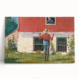 Realism Art Prints - Garden Scene with Farmer and Red House on Canvas