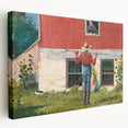 Realism Art Prints - Garden Scene with Farmer and Red House on Canvas