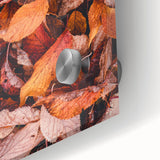 Large abstract wall art in autumnal hues on acrylic glass, ideal for dining room art in a mid-century modernist style.
