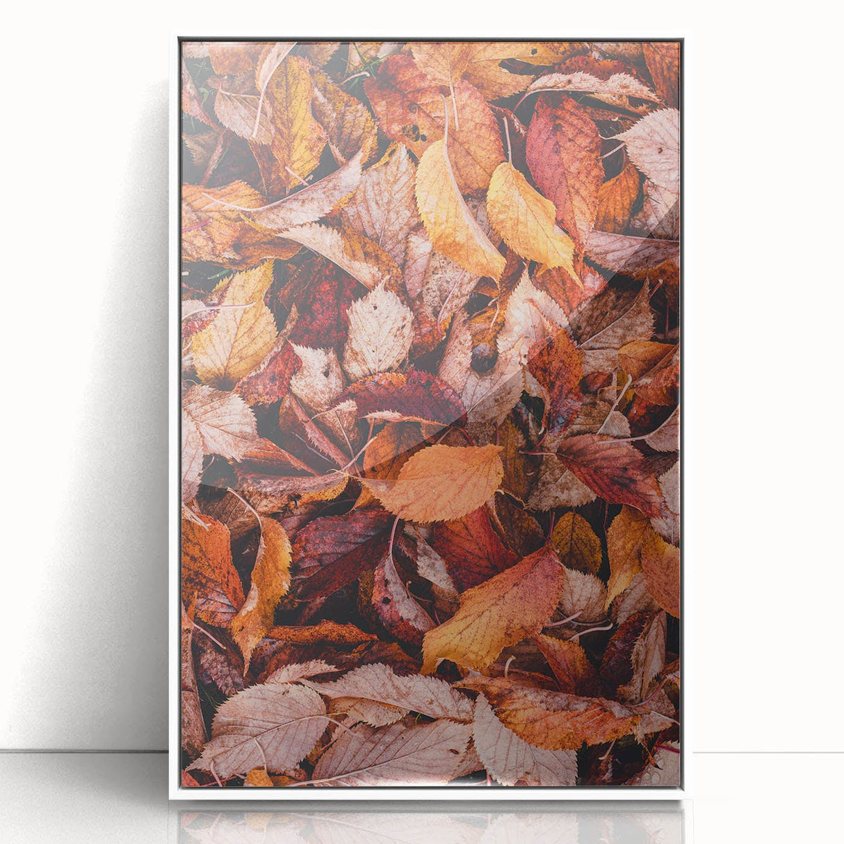Art deco poster featuring a stylized autumn scene in muted orange and brown tones, framed in white acrylic.