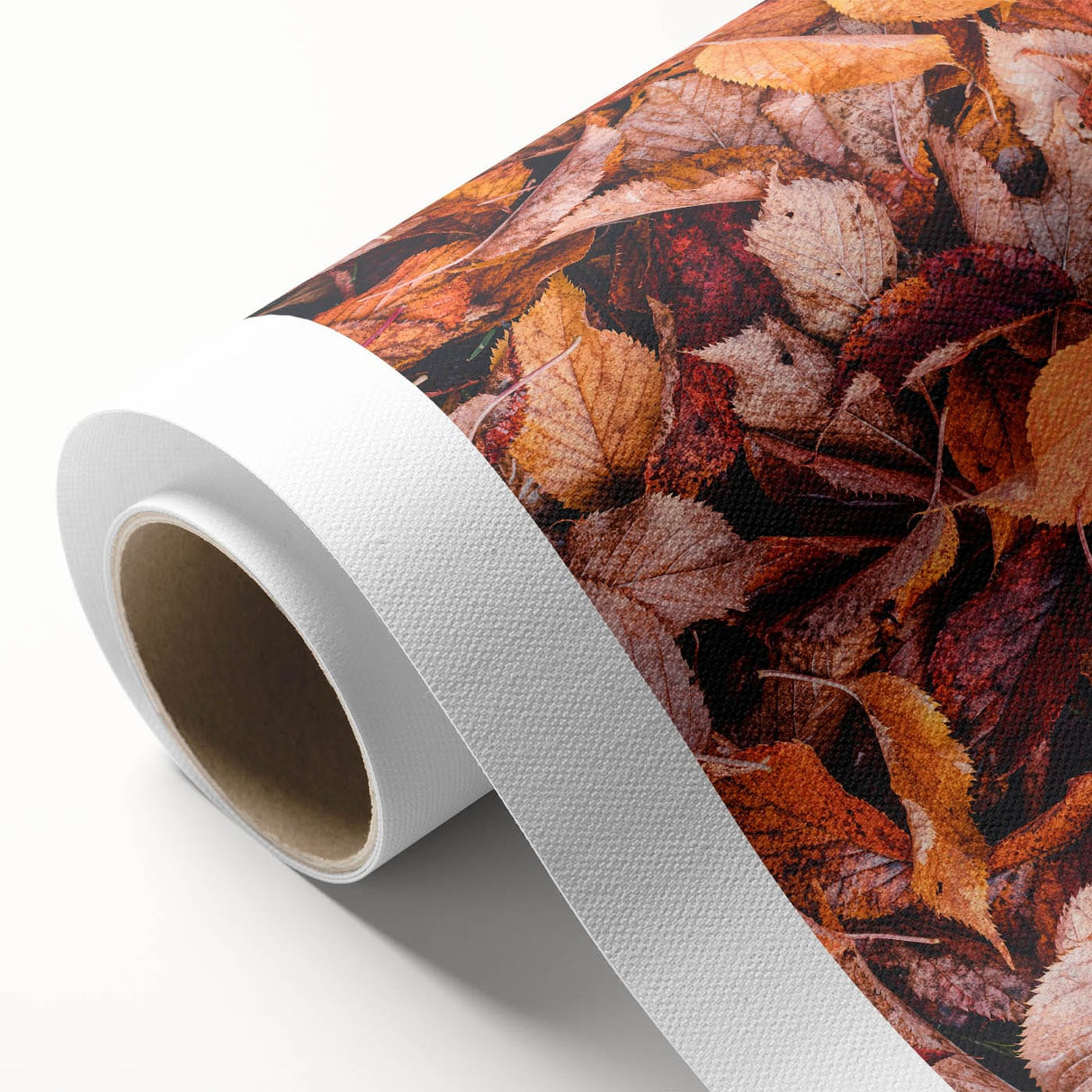 Art deco poster of autumn trees in orange and gold tones on rolled canvas, suitable as nursery wall art or dining room decor.