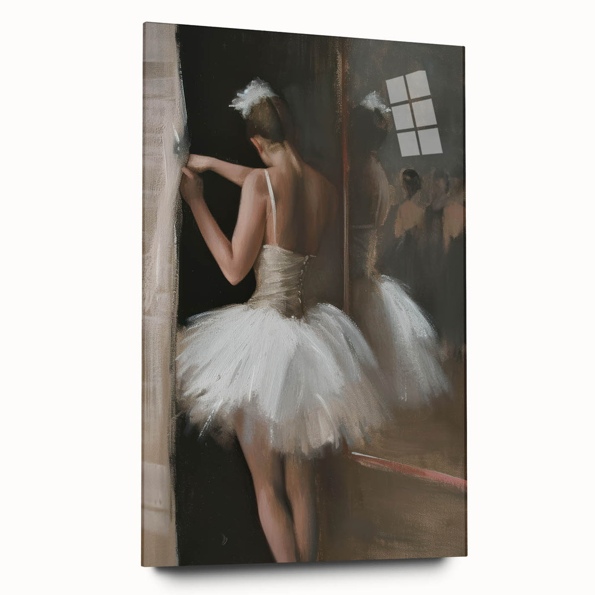 Abstract figurative acrylic artwork displayed in a sleek glass frame, showcasing vibrant colors and dynamic shapes from a side view, ideal for modern decor.