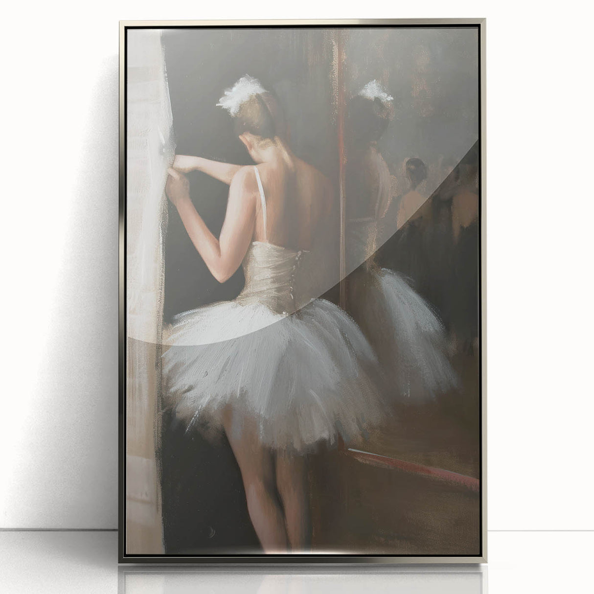 Abstract figurative art print framed in silver, showcasing vibrant colors and dynamic shapes, perfect for modern home decor or gallery display.