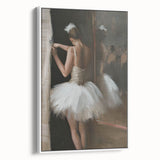 Framed abstract figurative canvas art in white, showcasing vibrant colors and dynamic shapes, perfect for modern home decor, viewed from the side.