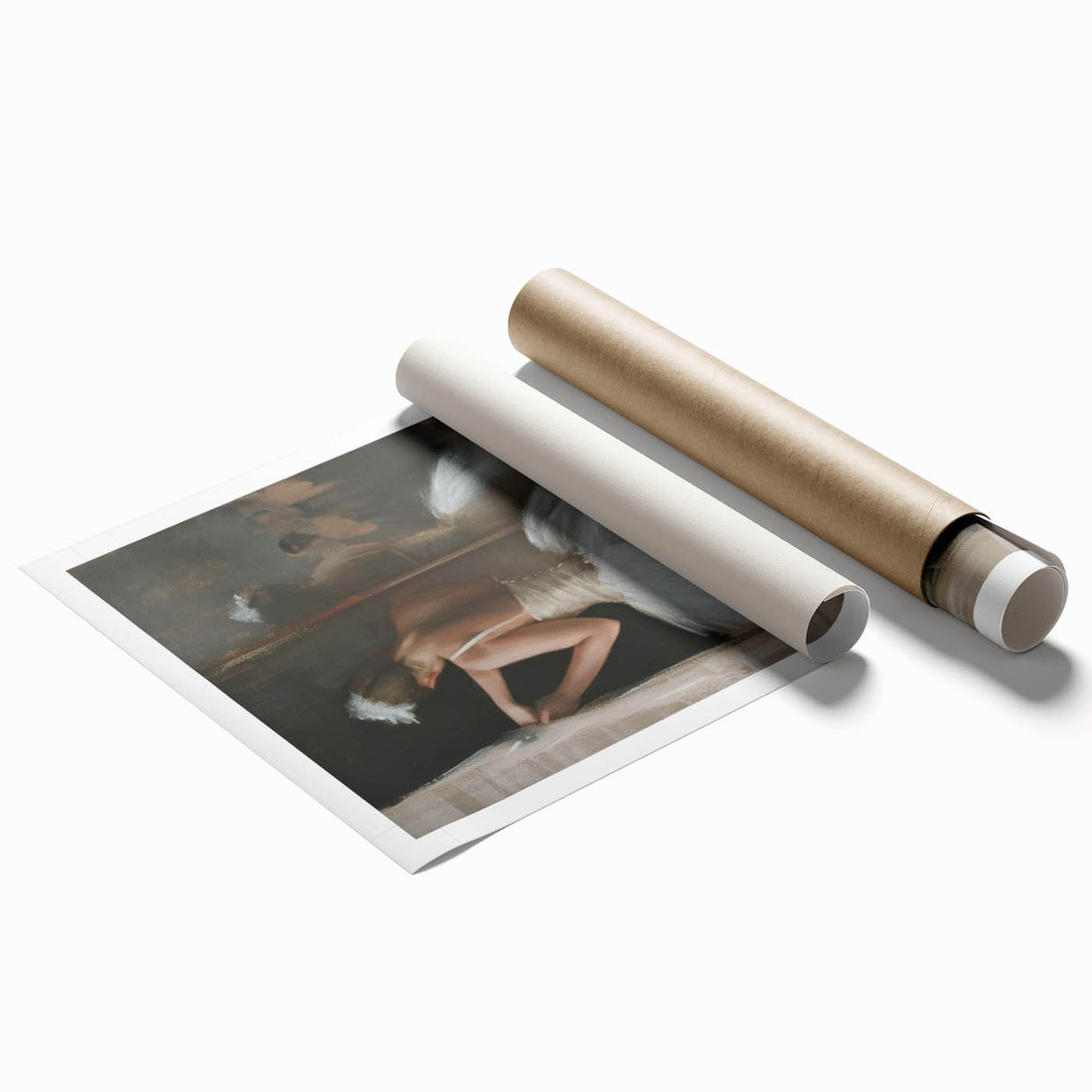 Abstract figurative rolled print showcasing vibrant colors and dynamic shapes, ideal for modern home decor. Packaged securely in a protective cardboard tube.