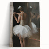 Abstract figurative stretched canvas artwork featuring vibrant colors and dynamic shapes, leaning against a wall, perfect for modern home decor.