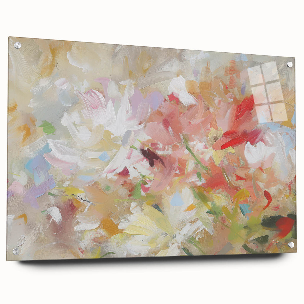 Abstract floral design on acrylic glass, showcasing vibrant colors and intricate details, presented at a side view with decorative pins for hanging. Ideal for modern decor.
