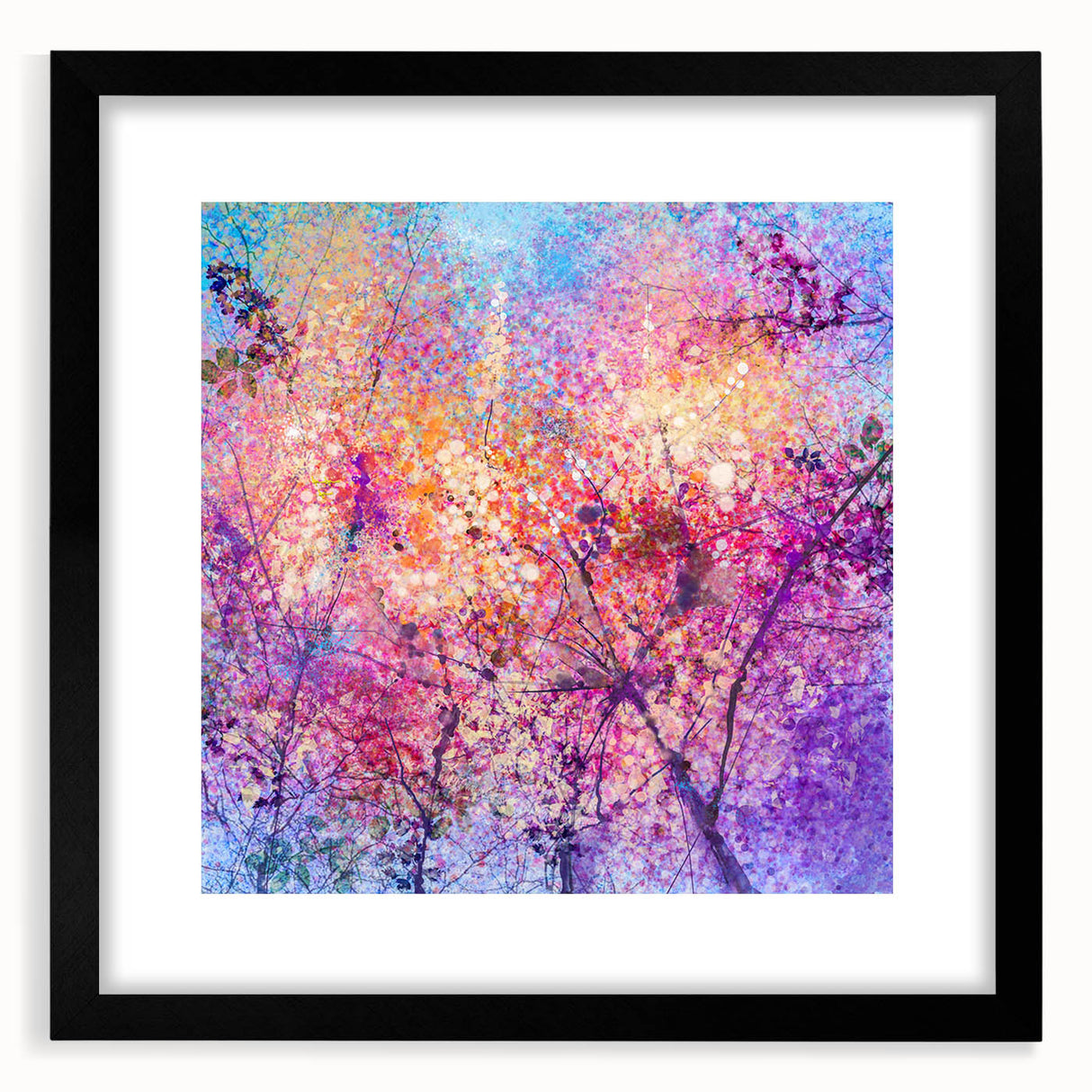Abstract floral frame with a black mat, showcasing intricate design details and vibrant colors, perfect for modern home decor and art enthusiasts. Ideal for adding a touch of elegance to any space.