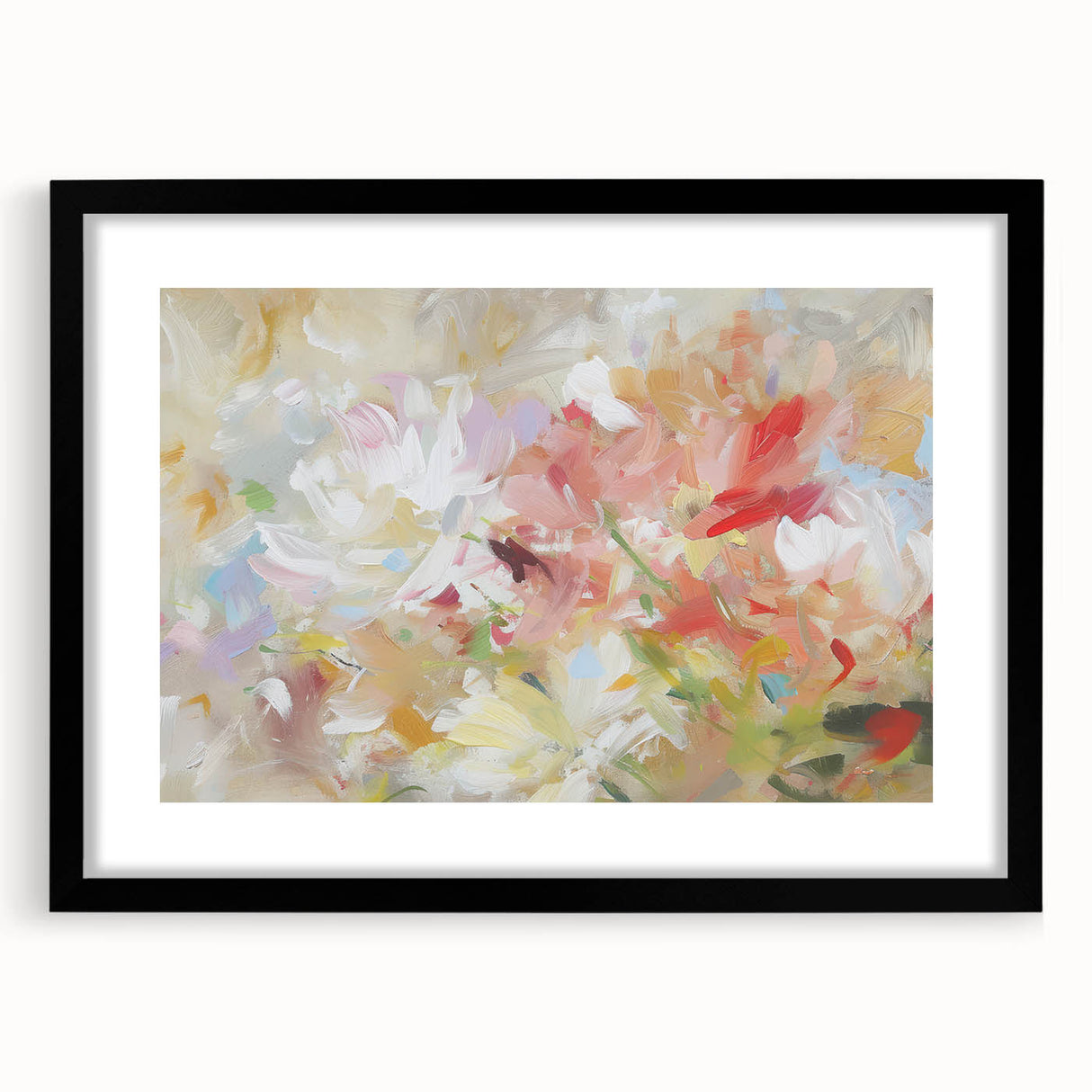 Abstract floral frame design with a black mat, showcasing vibrant colors and intricate patterns, ideal for modern home decor or art enthusiasts. Perfect for enhancing any space.