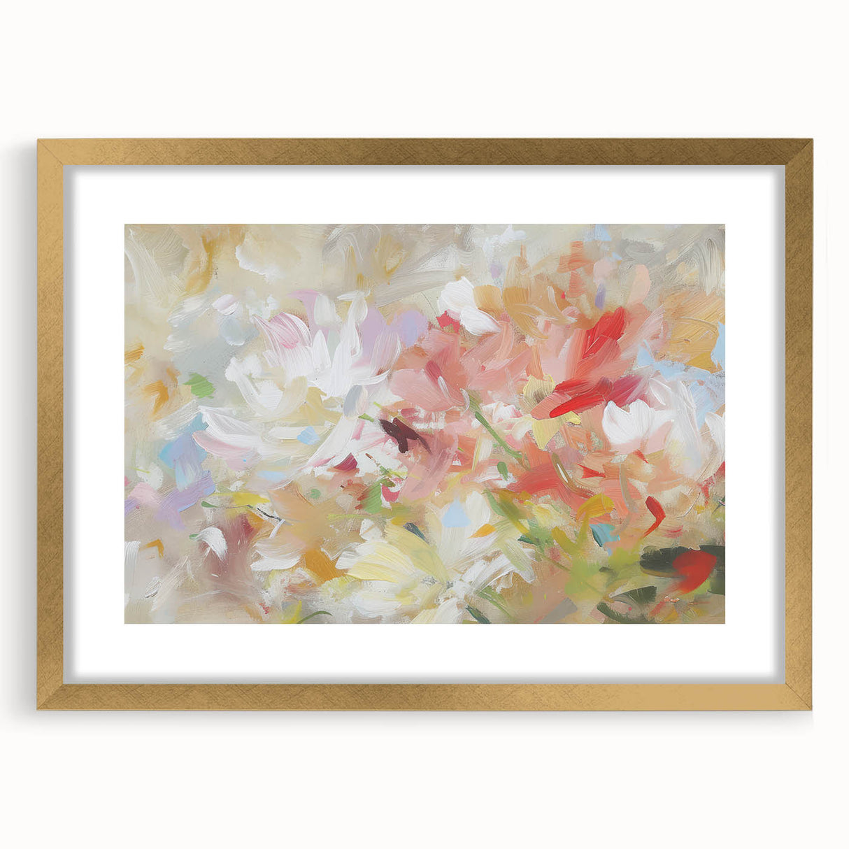 Abstract floral artwork framed in elegant gold with a mat, showcasing vibrant colors and intricate patterns, ideal for modern home decor or office spaces.