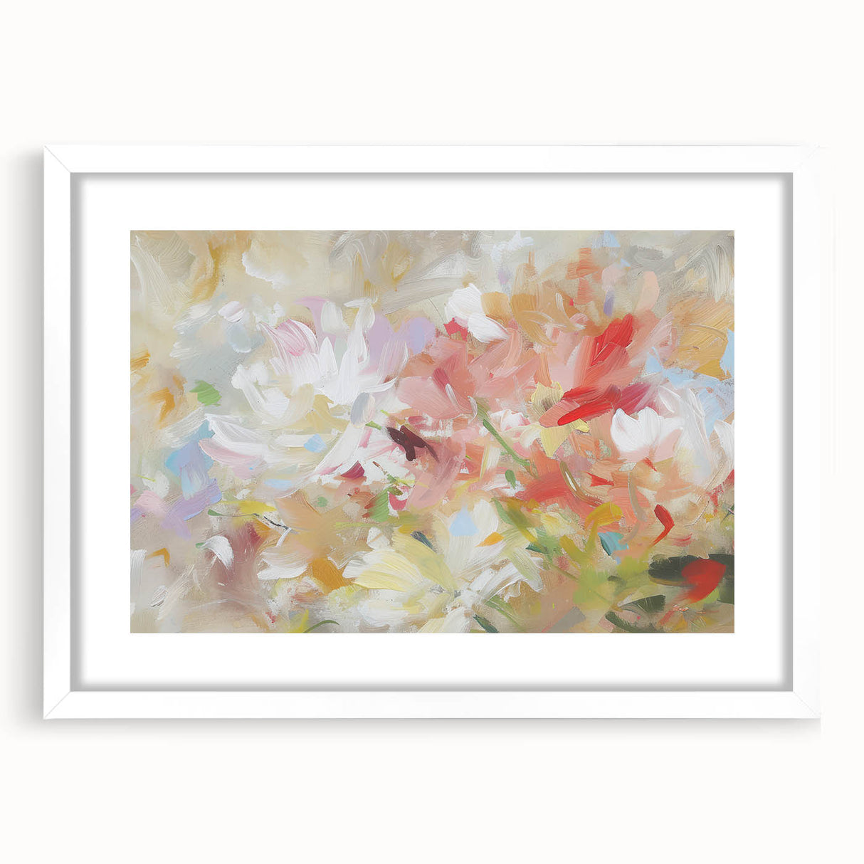 Abstract floral artwork in a white frame with a mat, showcasing vibrant colors and intricate designs, perfect for modern home decor.