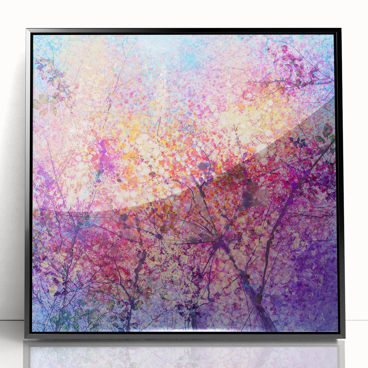 Framed acrylic artwork showcasing vibrant abstract floral designs with a black border, ideal for modern home decor. Perfect for enhancing living spaces and adding color.