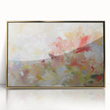 Framed abstract floral artwork with vibrant colors showcasing intricate designs in gold and pastel hues, ideal for modern home decor.