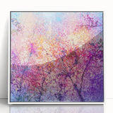 Framed acrylic artwork showcasing vibrant abstract floral designs in shades of pink, blue, and green, set against a sleek white background for modern decor.