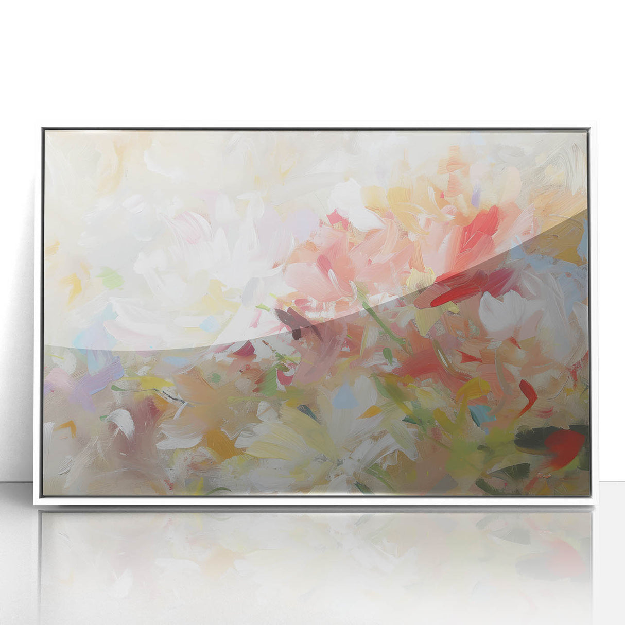 Framed acrylic artwork showcasing vibrant abstract florals in shades of pink, purple, and green, set against a sleek white background, perfect for modern decor.