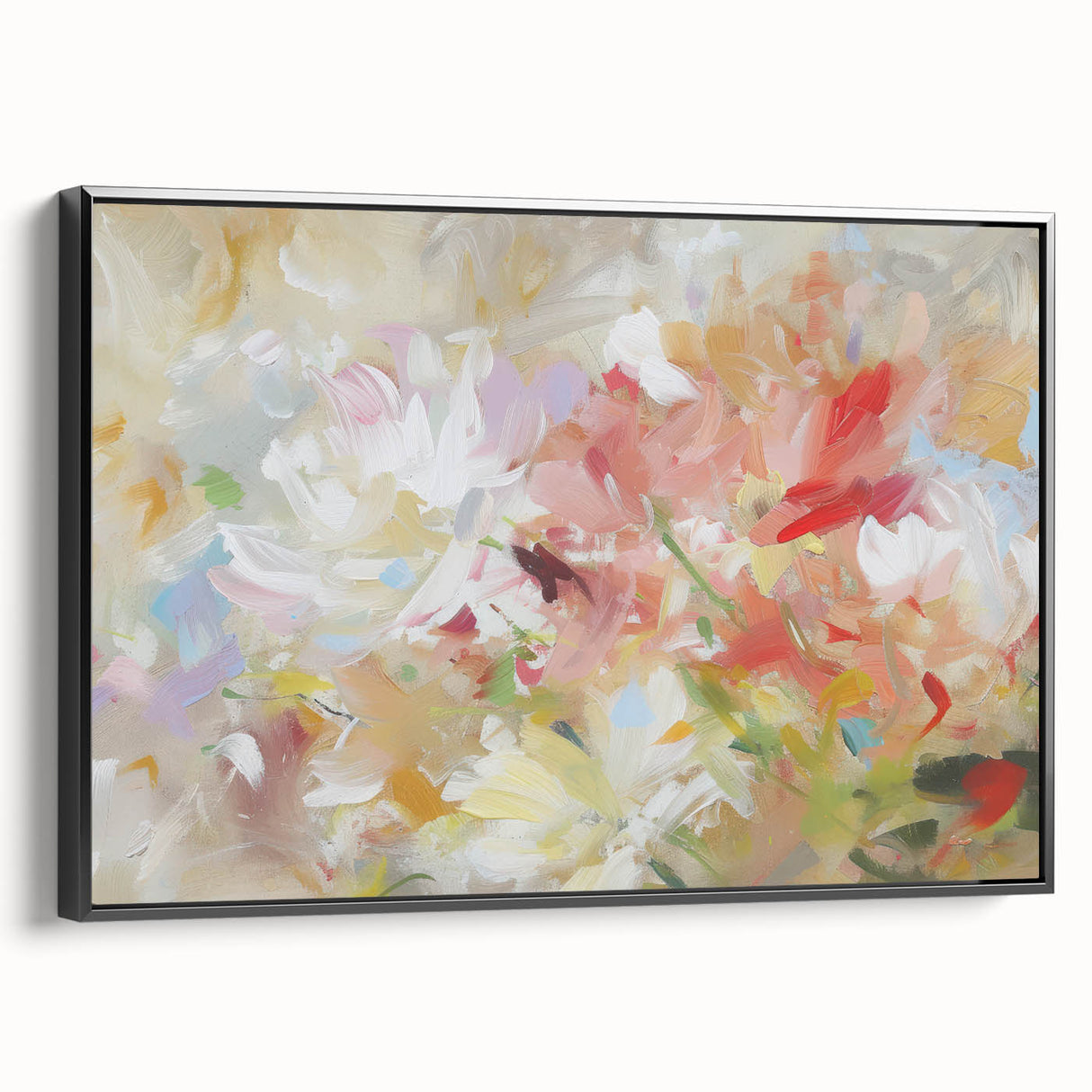 Framed canvas artwork showcasing an abstract floral design in vibrant colors, displayed from the side to highlight its black frame and modern aesthetic. Perfect for contemporary home decor.