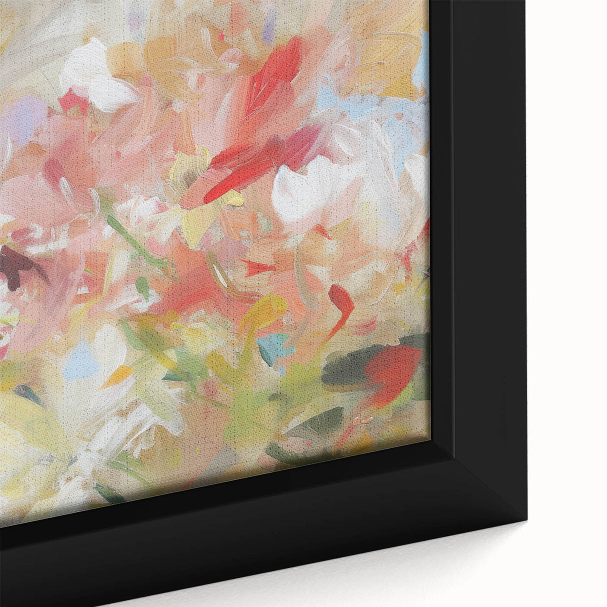 Close-up of a vibrant abstract floral framed canvas, showcasing intricate brush strokes in shades of blue, pink, and green, perfect for modern decor.