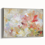 Framed canvas artwork showcasing an abstract floral design in vibrant colors, presented from a silver side view, perfect for modern home decor.