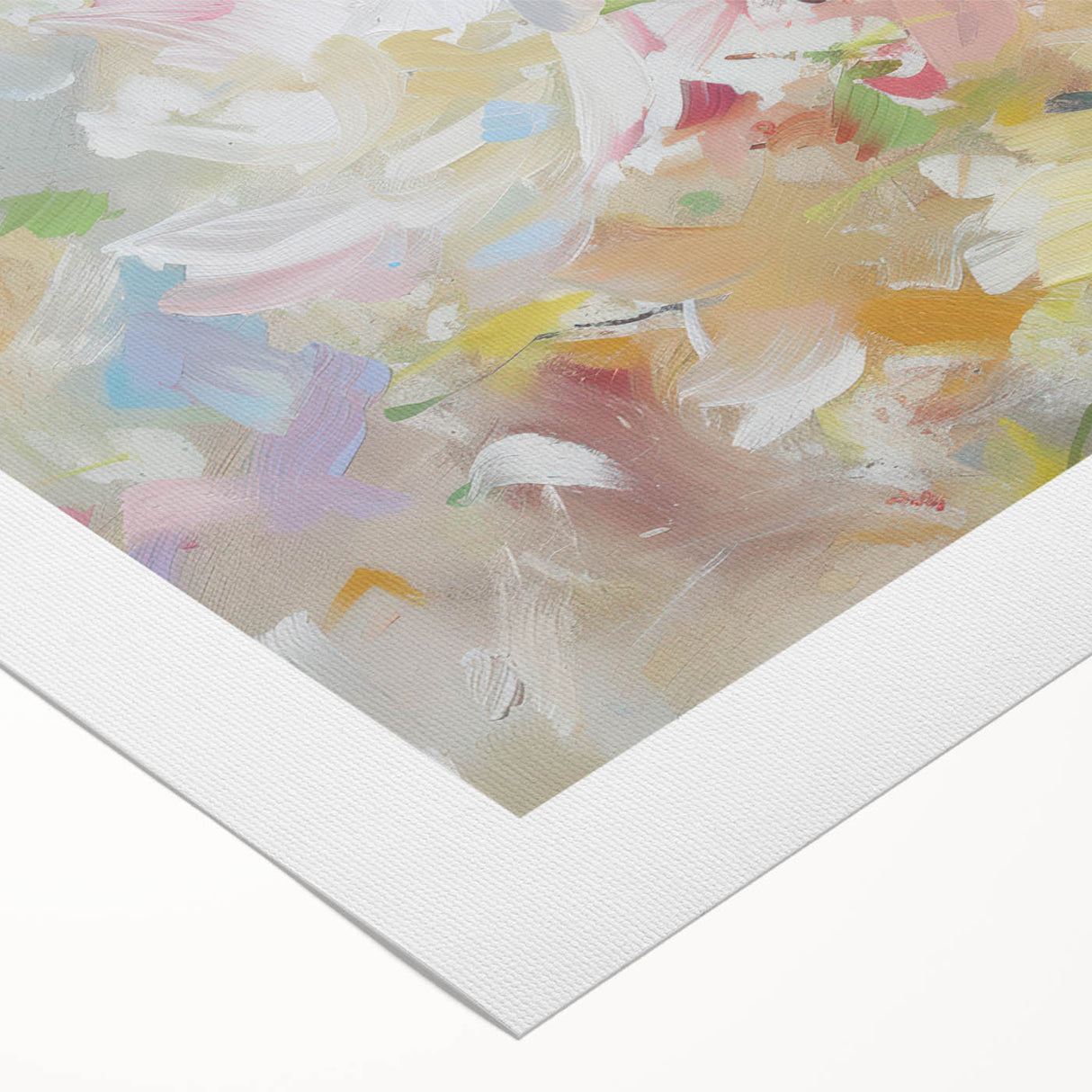 Abstract floral design on rolled canvas, showcasing vibrant colors like pink, blue, and green with intricate patterns, perfect for modern home decor or art enthusiasts.