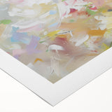 Abstract floral design on rolled canvas, showcasing vibrant colors like pink, blue, and green with intricate patterns, perfect for modern home decor or art enthusiasts.