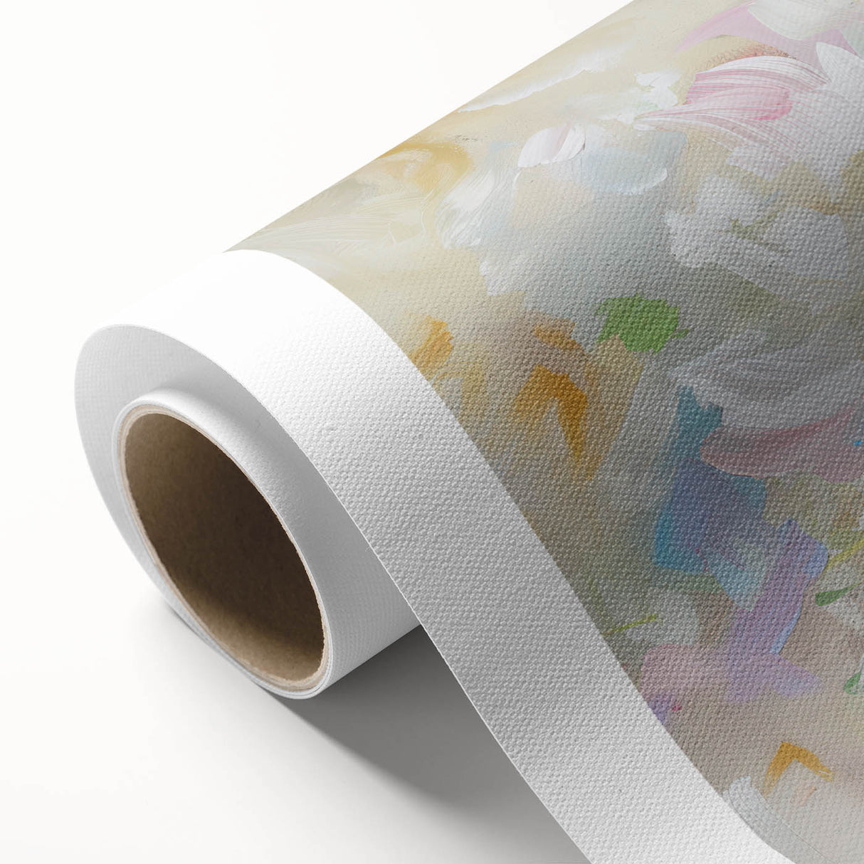 Abstract floral design on rolled canvas showcasing vibrant colors of pink, blue, and green, elegantly packaged in a protective cardboard tube for easy display.