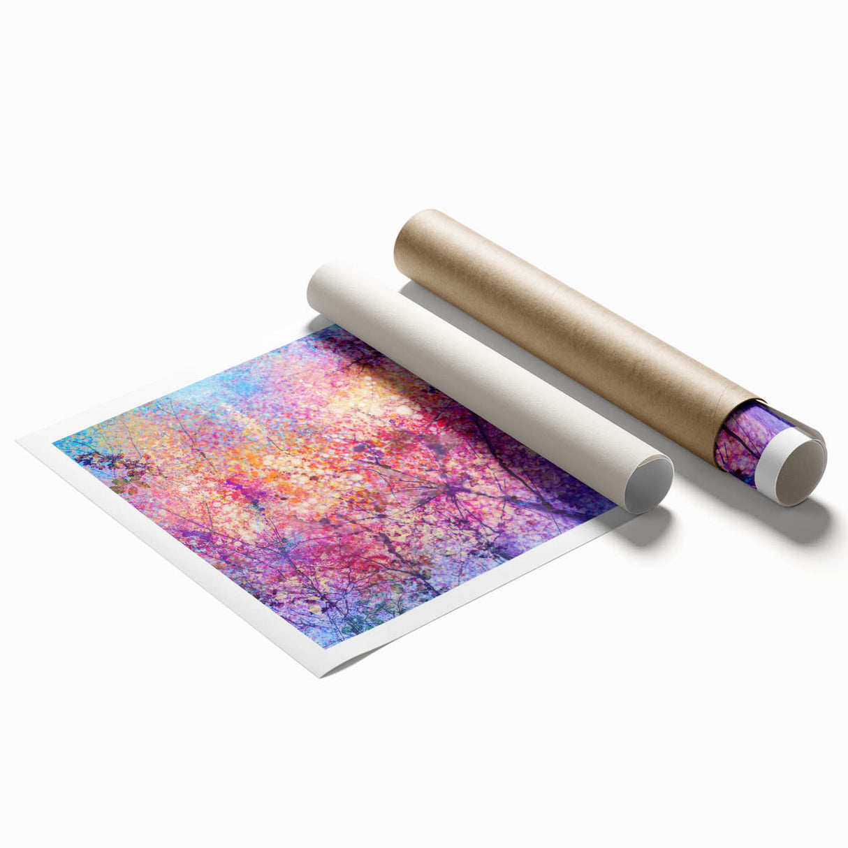 Vibrant abstract floral design rolled print showcasing intricate patterns and bold colors, perfect for modern home decor, packaged securely for delivery.