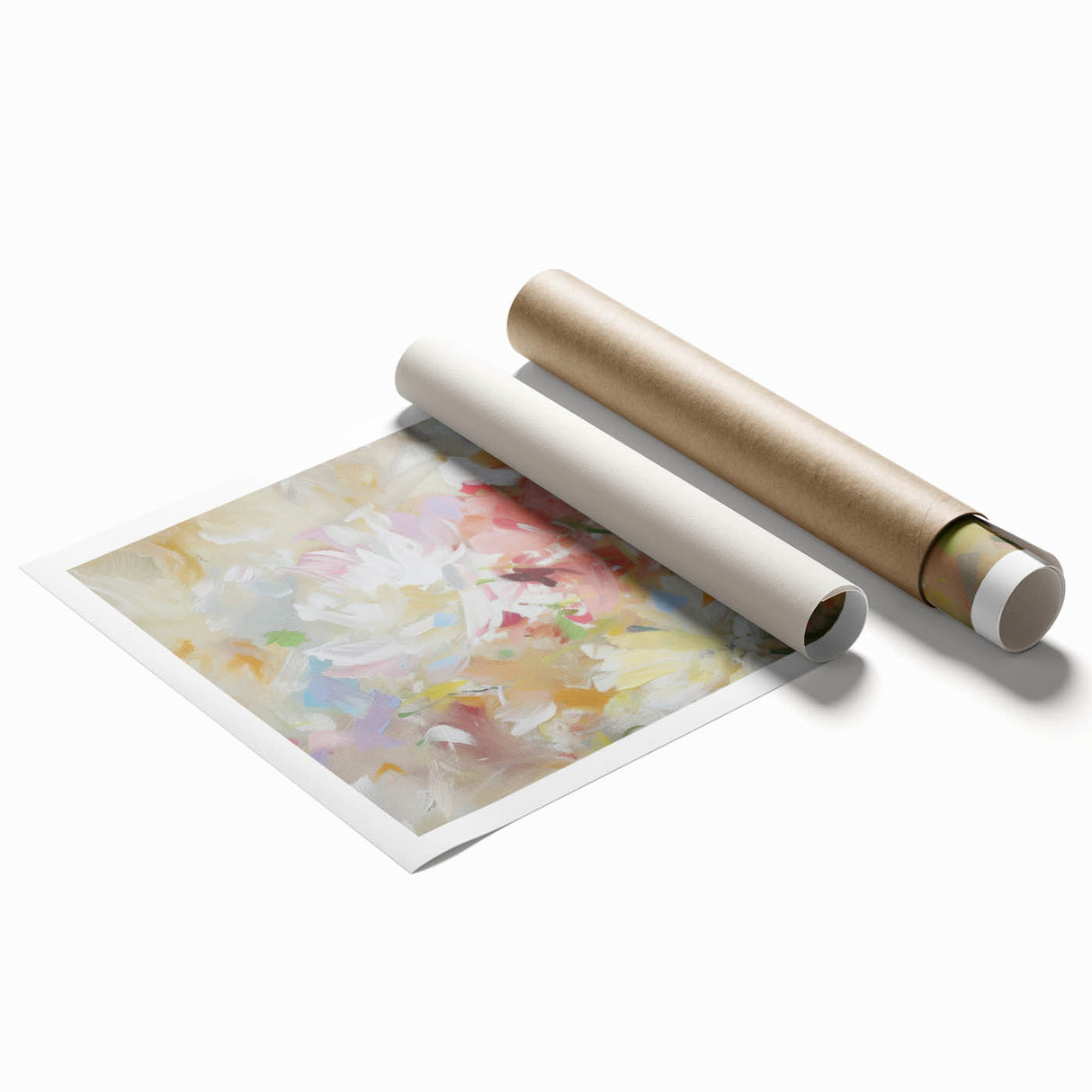 Abstract floral design rolled print showcasing vibrant colors and intricate patterns, ideal for home decor or art display, packaged securely in a protective tube.