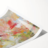 Vibrant abstract floral design on a rolled canvas print, showcasing rich colors and intricate patterns, ideal for modern home decor or artistic displays.