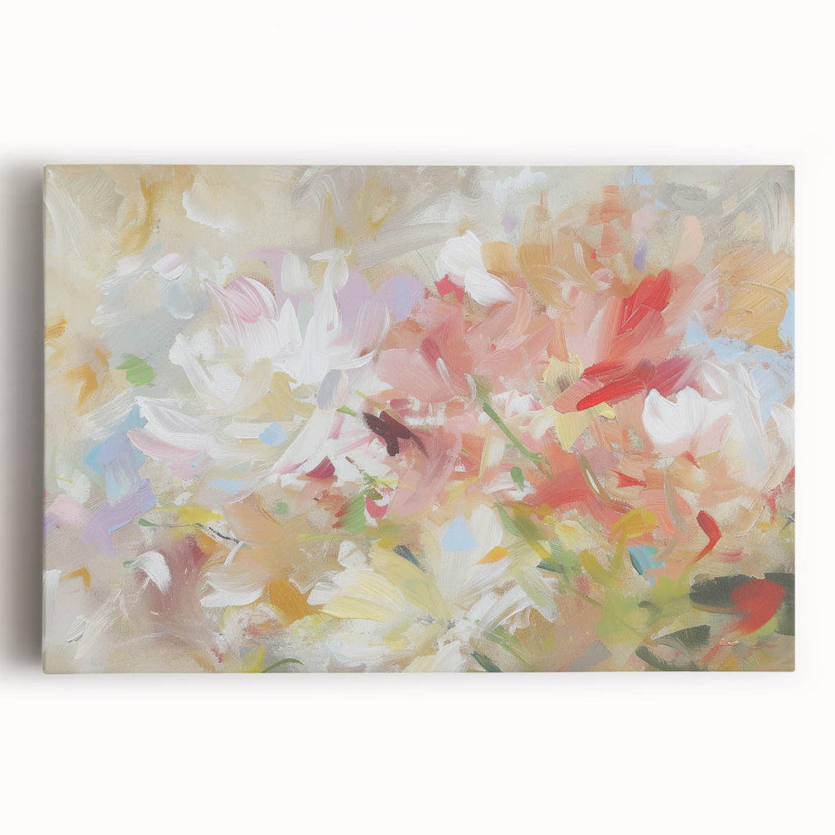 Abstract floral design stretched canvas artwork showcasing vibrant colors, intricate patterns, and a modern aesthetic, perfect for enhancing living spaces or office decor.