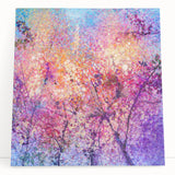 Abstract floral stretched canvas artwork featuring vibrant colors and intricate patterns, elegantly leaning against a wall, perfect for modern home decor.