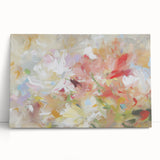 Abstract floral stretched canvas art featuring vibrant colors and intricate designs, elegantly leaning against a textured wall, perfect for home decor enhancement.