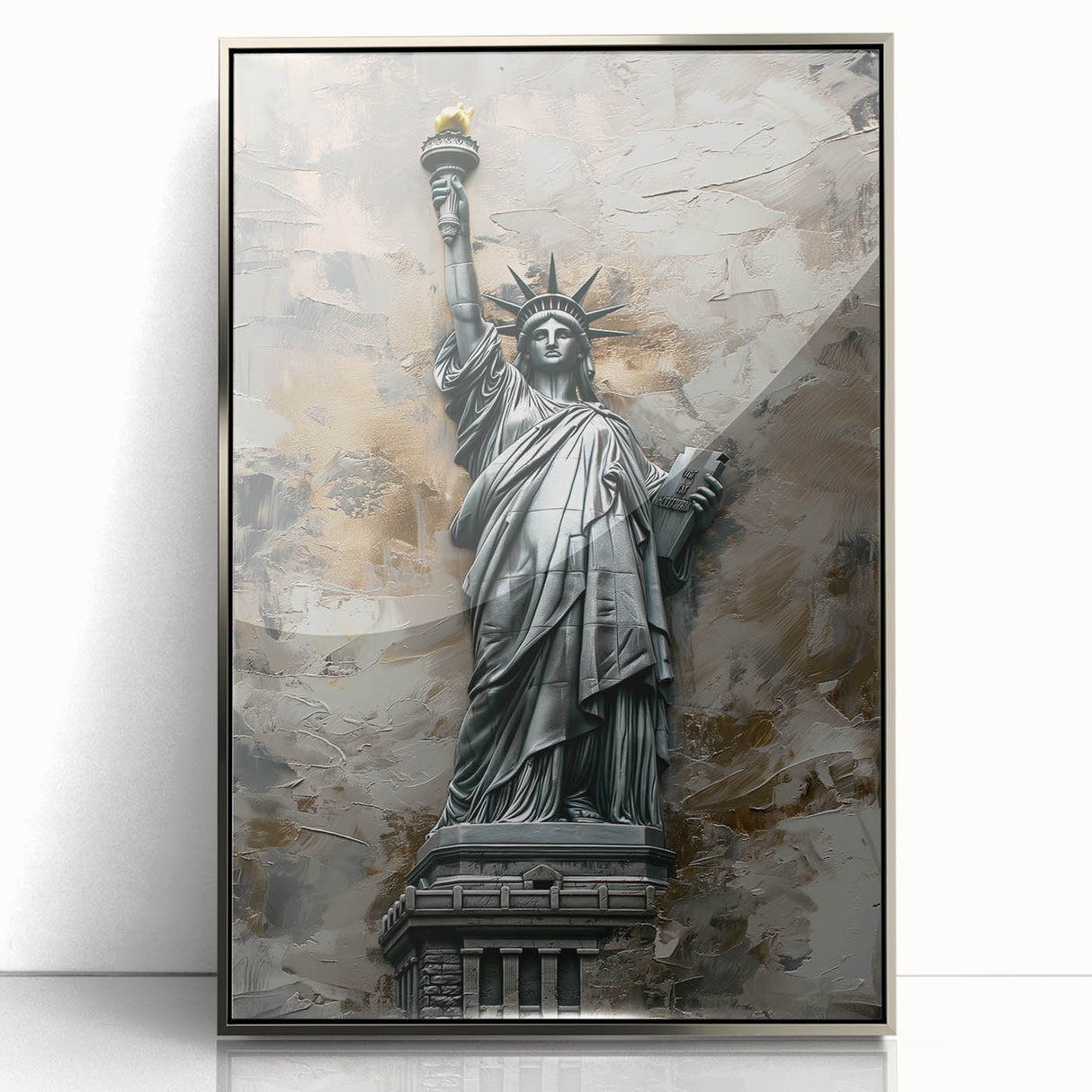 Framed abstract landscape wall art in silver acrylic, showcasing vibrant colors and dynamic shapes, perfect for modern home decor. Ideal for enhancing living spaces.