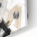 Close-up of abstract minimalist wall art featuring vibrant colors and geometric shapes on acrylic glass, showcasing unique design elements perfect for modern decor.