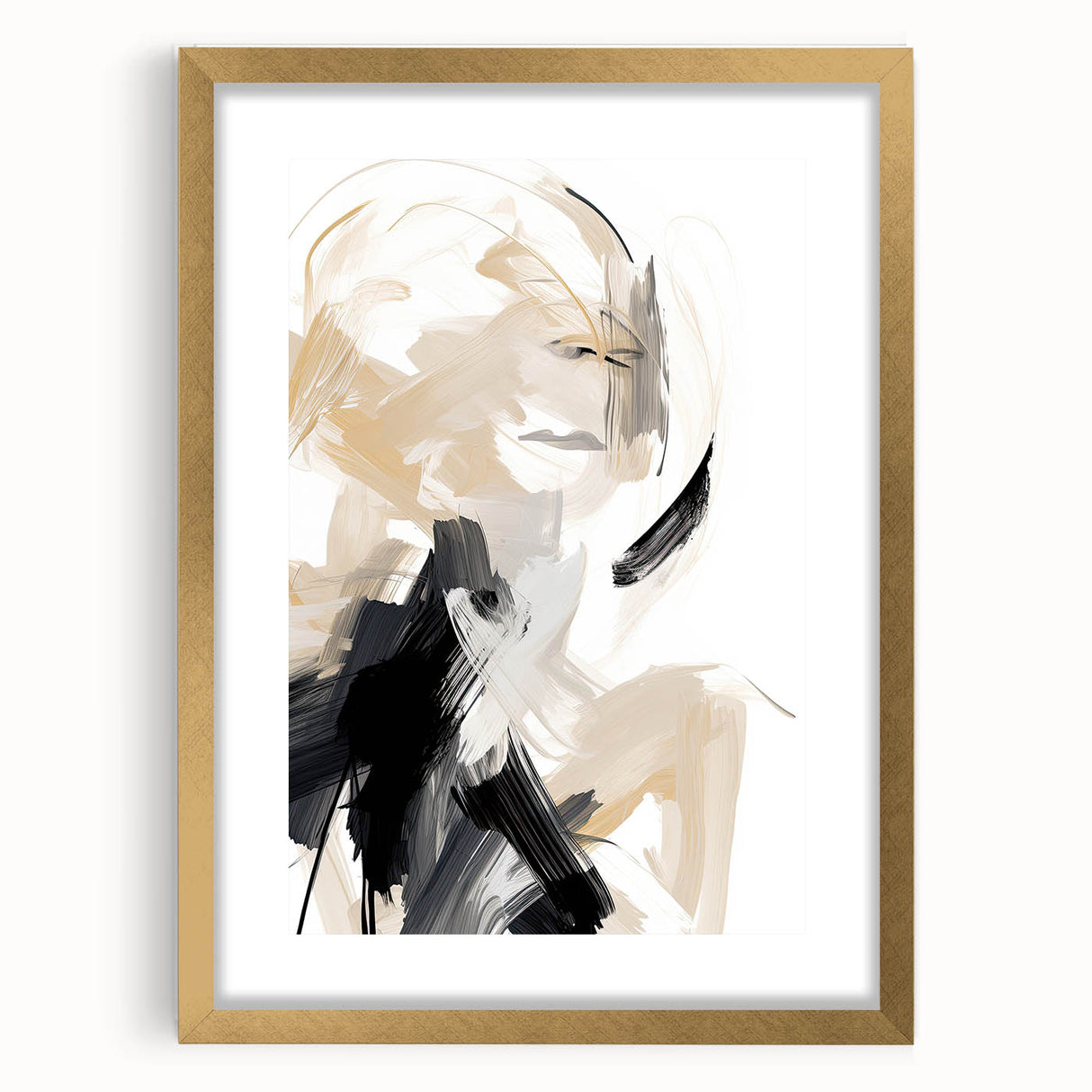 Abstract minimalist wall art framed in gold with a white mat, showcasing soft pastel colors and geometric shapes, perfect for modern home decor.