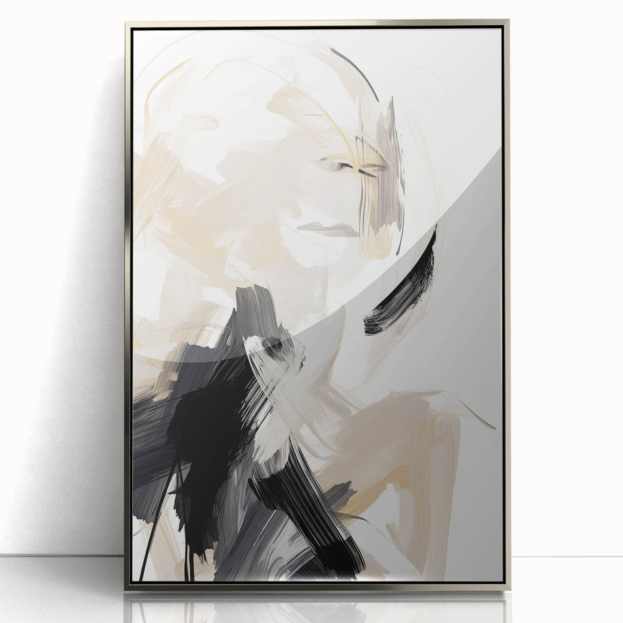 Framed abstract minimalist wall art in silver acrylic, showcasing geometric shapes and soft color gradients, perfect for modern home decor accents.