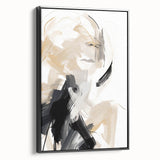 Framed abstract minimalist wall art featuring a black design on a textured canvas, showcased from a side view, ideal for modern home decor.