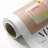 Art Deco poster featuring a stylized cocktail glass, in pastel blue and pink tones on rolled canvas.