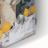 Close-up of large abstract fruit-themed art print on acrylic glass, featuring vibrant, colorful shapes.