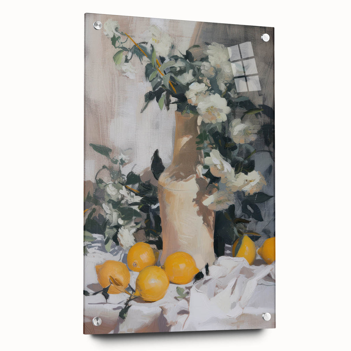 Large abstract wall art featuring an array of fruits in vibrant colors on acrylic glass, suitable for dining room decor.