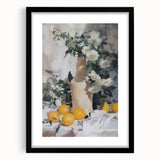 Extra large abstract art print featuring colorful, textured fruits on a black framed canvas, ideal for living room decor.