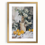 Extra large abstract art print with textured design of fruits in gold frame, suited for living room decor.