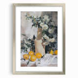 Textured art featuring an abstract design of various fruits in vibrant, multicolored hues on a framed silver mat.