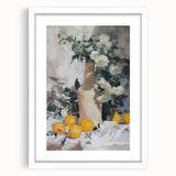 Abstract art print featuring assorted fruits in vibrant colors on a framed white mat, ideal for dining room decor.