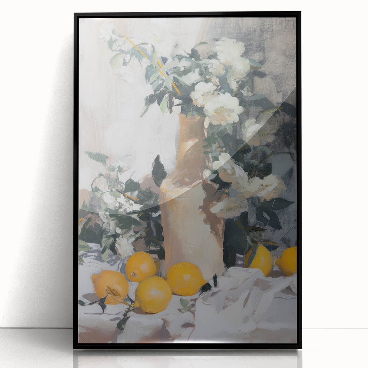 Large abstract wall art featuring assorted fruits in bold colors on black acrylic, framed, suitable for modern kitchen decor.