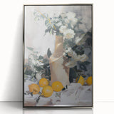 Mid-century modernist art depicting assorted fruits in vibrant colors on a silver-framed acrylic print.